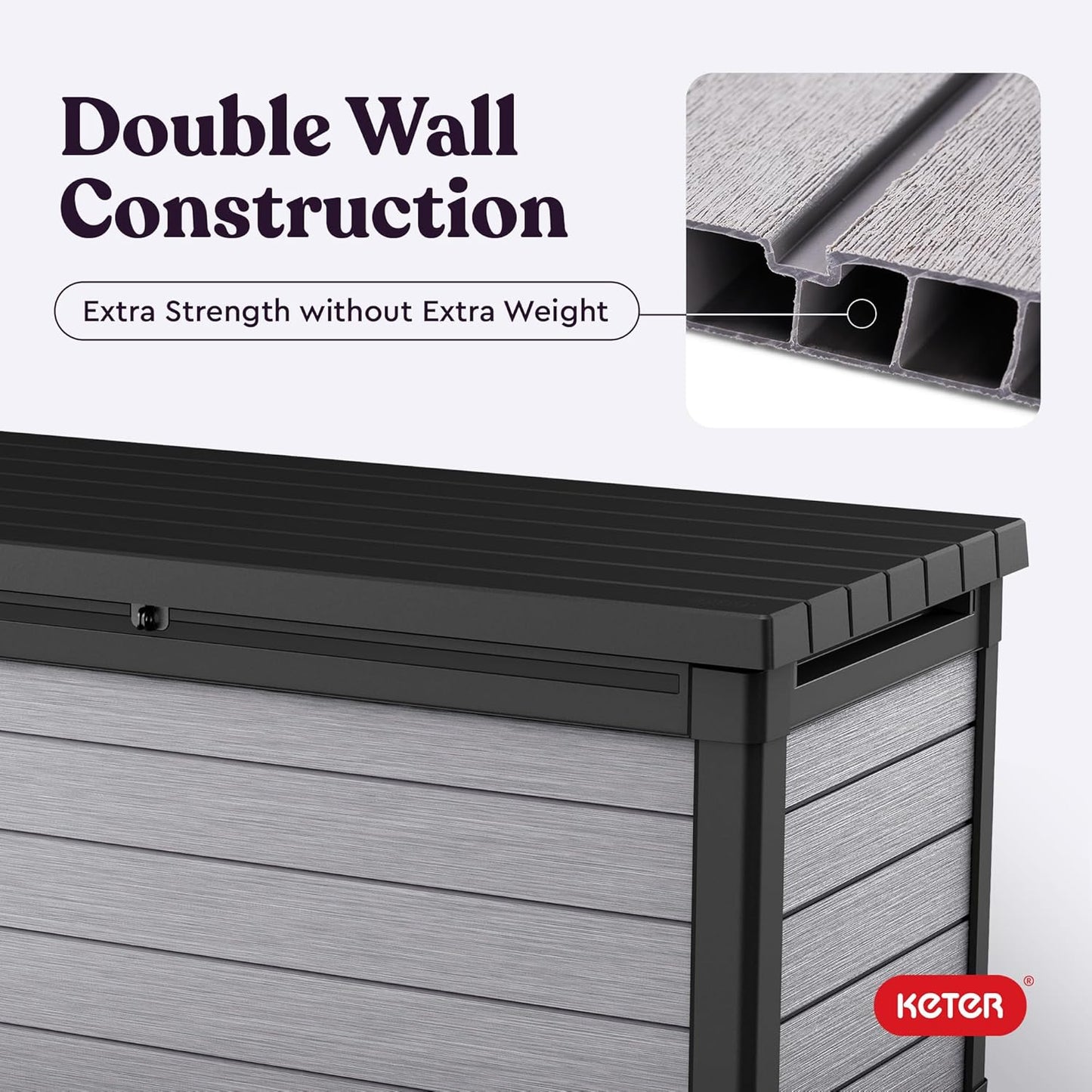 Keter Denali 150 Gallon Resin Deck Box - Durable Double Wall Design for Outdoor Storage | Grey & Black