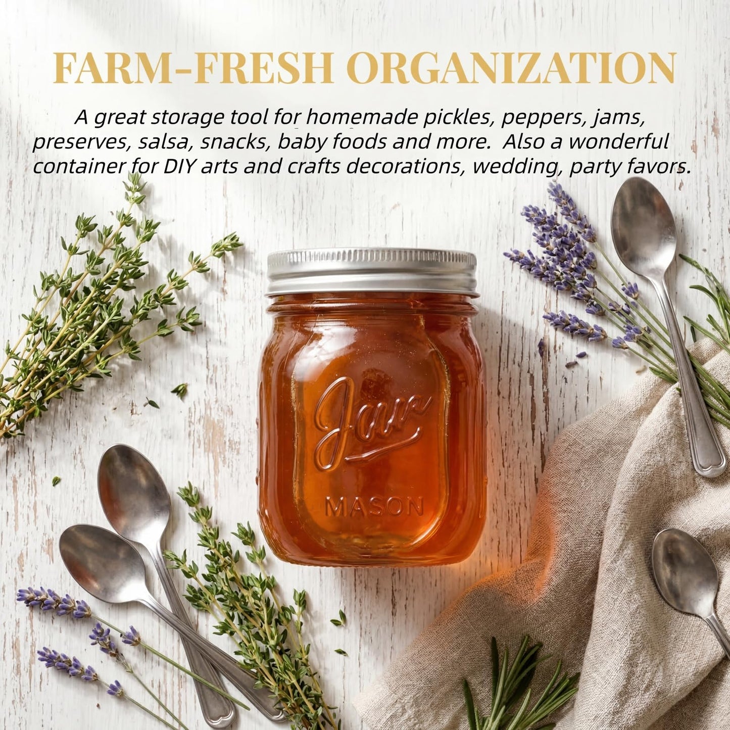 Lyellfe 12 Pack Wide Mouth Mason Jars, 16 Oz Short Glass Canning Jar with Airtight Lids, Food Safe Jam Spice Jar for Honey, Jelly, Wedding Favors, DIY Project, Dishwasher Safe