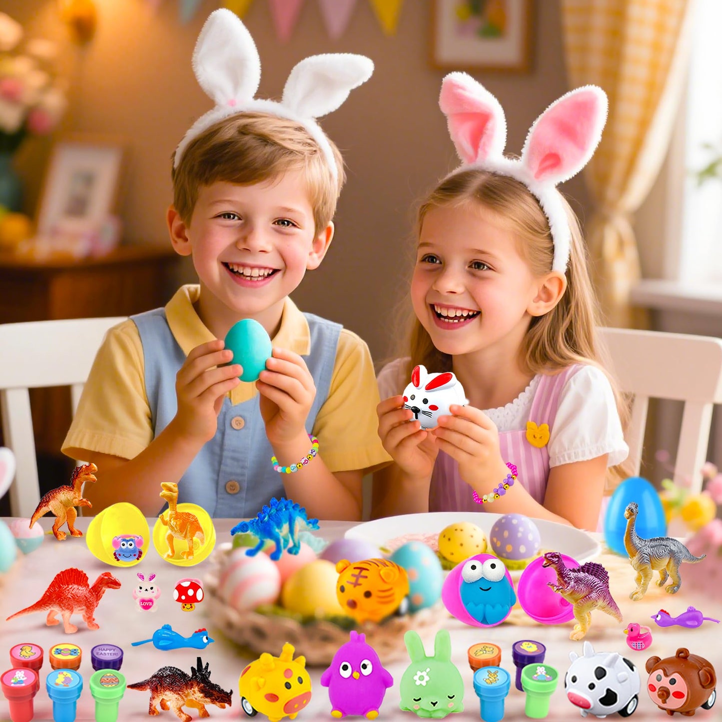 Beser 318 pcs filled Easter Eggs with Toys Easter Egg Fillers 100 pack Easter egg wtih 218 Toys inside Small Toys for Easter Eggs Filled Easter Basket Stuffers Favors for Kids Toddlers Boys Girls