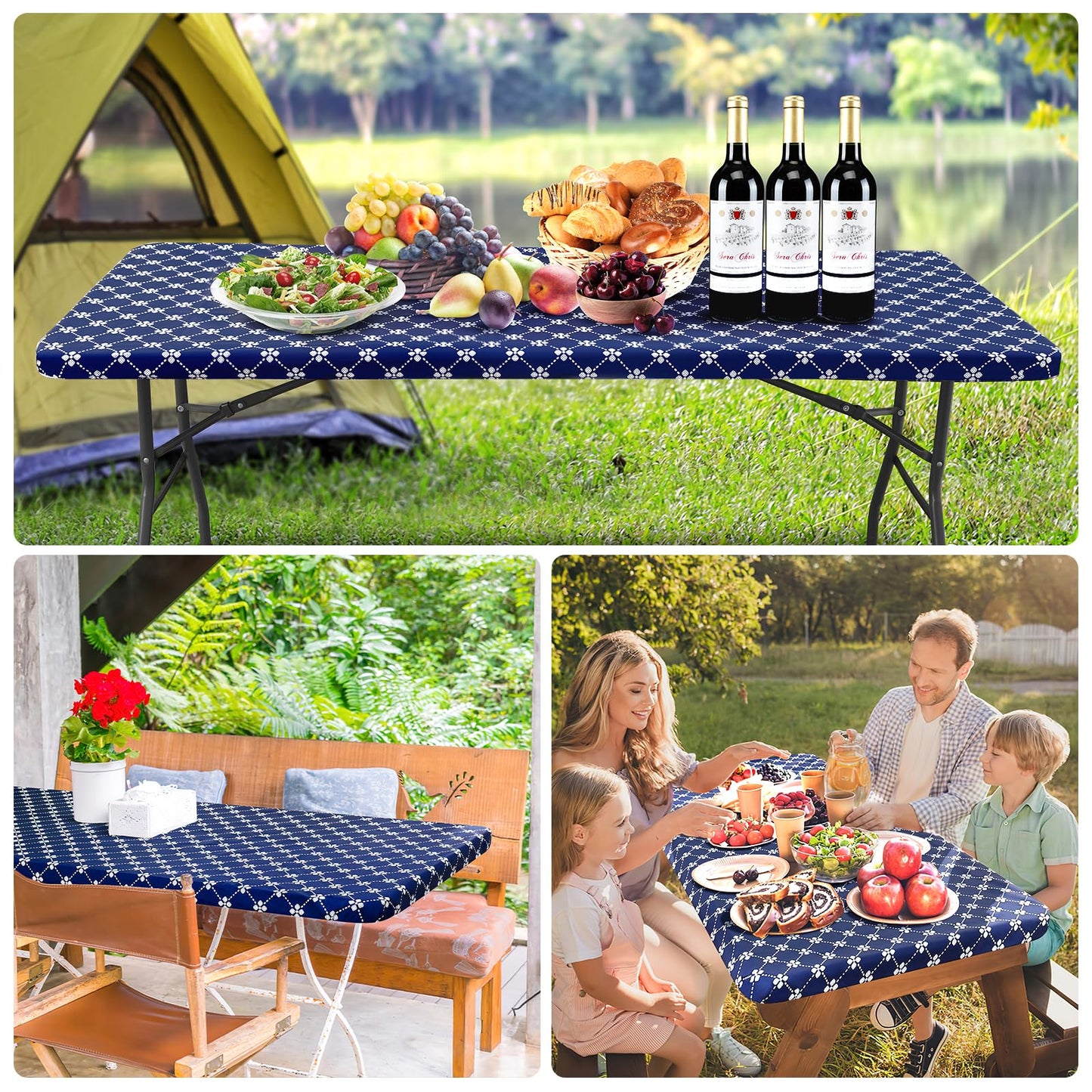 misaya Rectangle Vinyl Table Cloth, Elastic Fitted Tablecloth with Flannel Backing, Waterproof Plastic Table Cover Fits Folding Tables for Picnic, Camping, Indoor and Outdoor (Navy, 36" x 60")