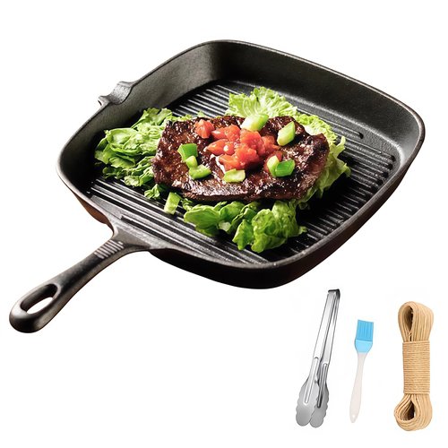 Cast Iron Grill Pan, 9.5 inch Square Grill Pan Skillet with Pour Spout, Cast Iron Griddle Pan with Small Meat Tong, Oil Brush & Hemp Rope for Stove Tops, Gas, Induction, Grill, Campfire, Oven Safe