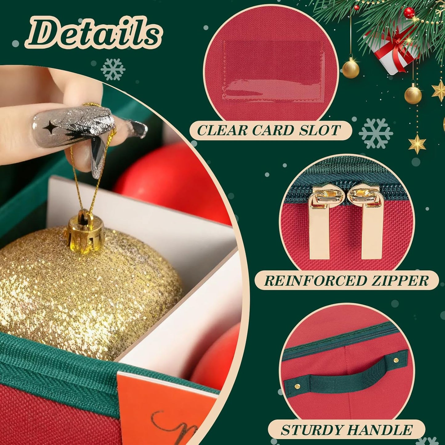 Regine Switzerland Christmas Ornament Storage Box - Adjustable Dividers for 64 Ornaments | Zippered Top, 3 Inch