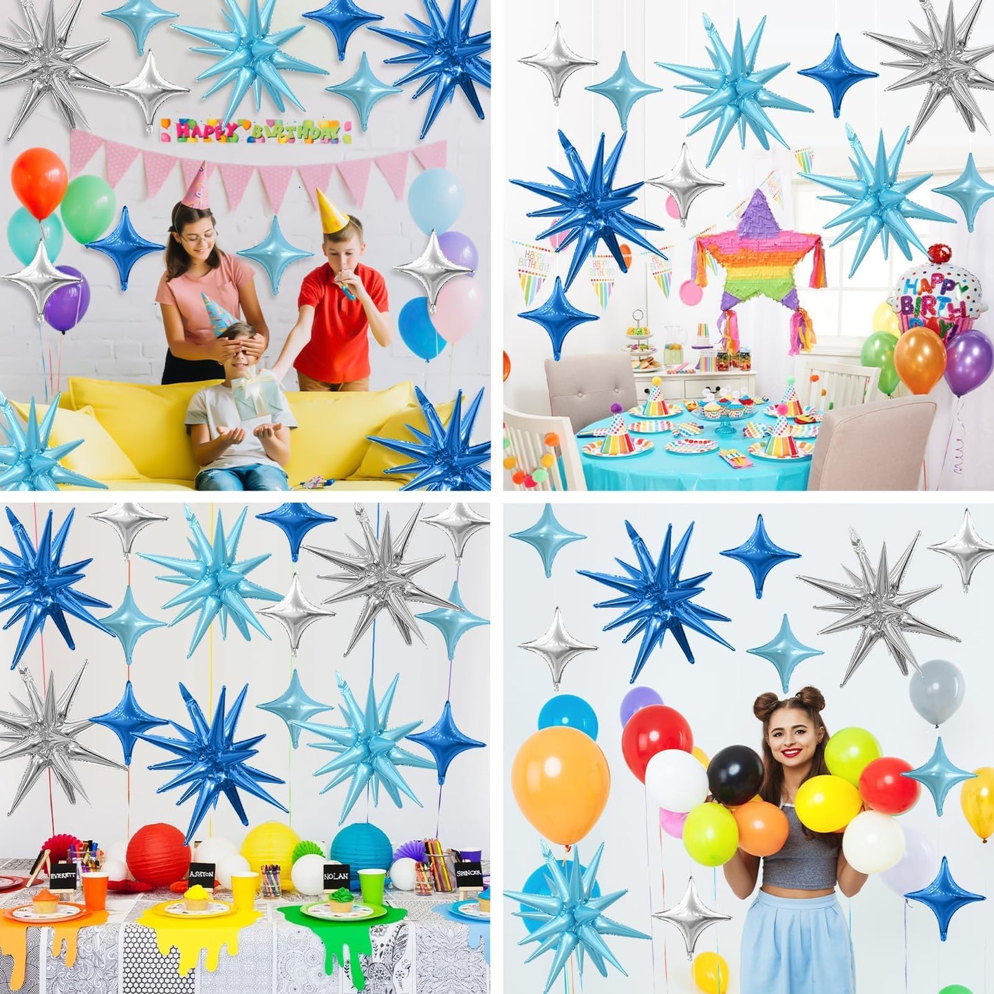 Blue Silver Star Balloons Kit with 6pcs 22in Cone Foil Balloons and 10pcs 10in Four Pointed Star Balloons for Birthday Anniversary Disco Party Decorations