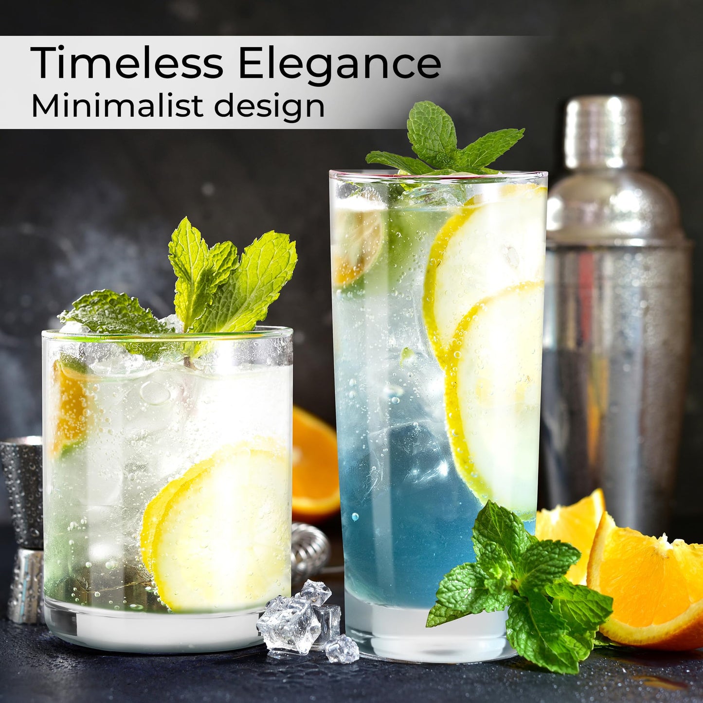MIAMIO - Drinking Glasses Set of 12/6 x Small 13 oz and 6x Big 15.8 oz Glass Cups for Water, Cocktails, Tea and Beer - Dishwasher Safe