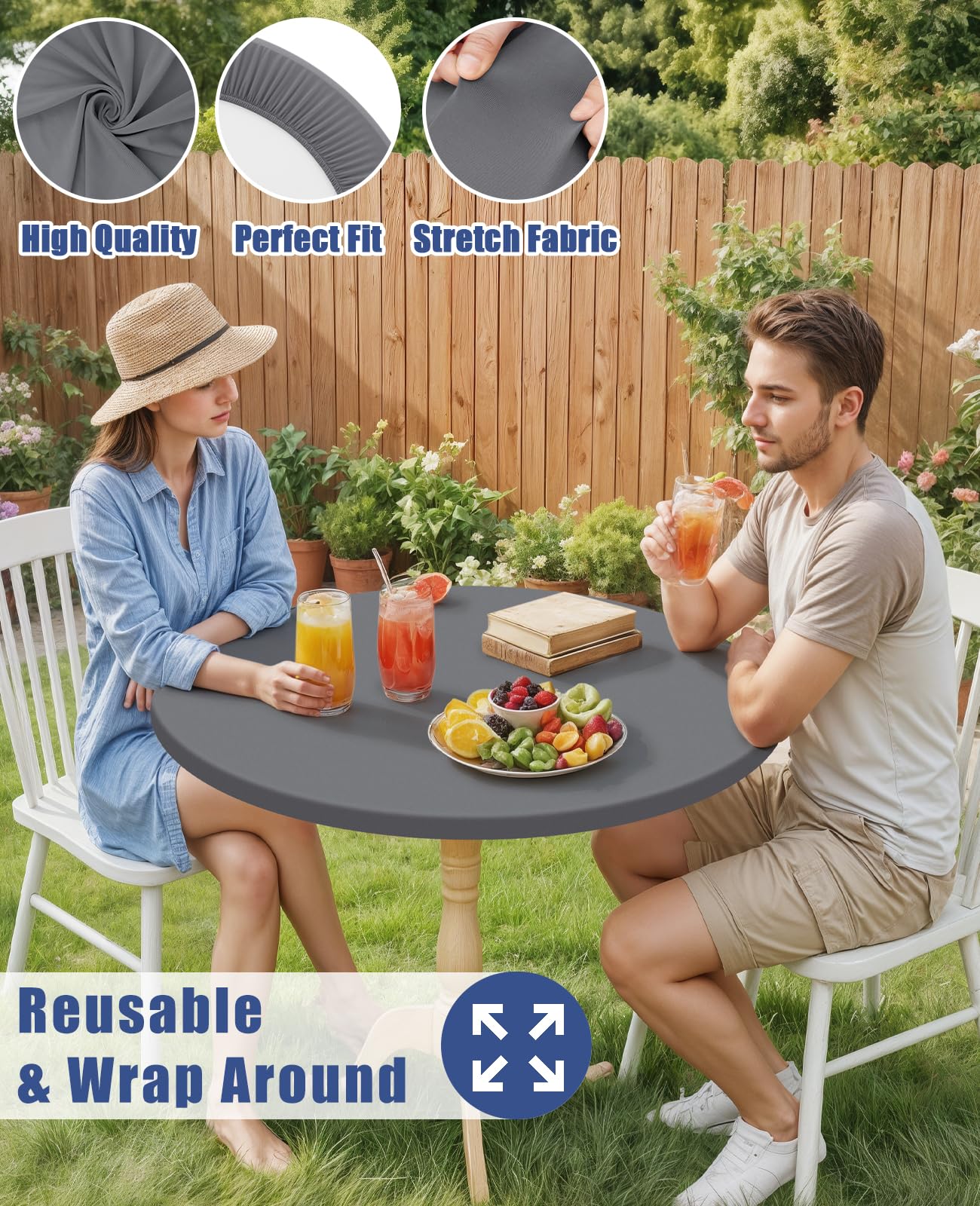 Moosfor Round Spandex Tablecloth, Elastic Fitted Waterproof Tablecloths for 42"-50" Tables, Stretch Washable Picnic Table Cover for Camping, Dining, Indoor and Outdoor, Grey