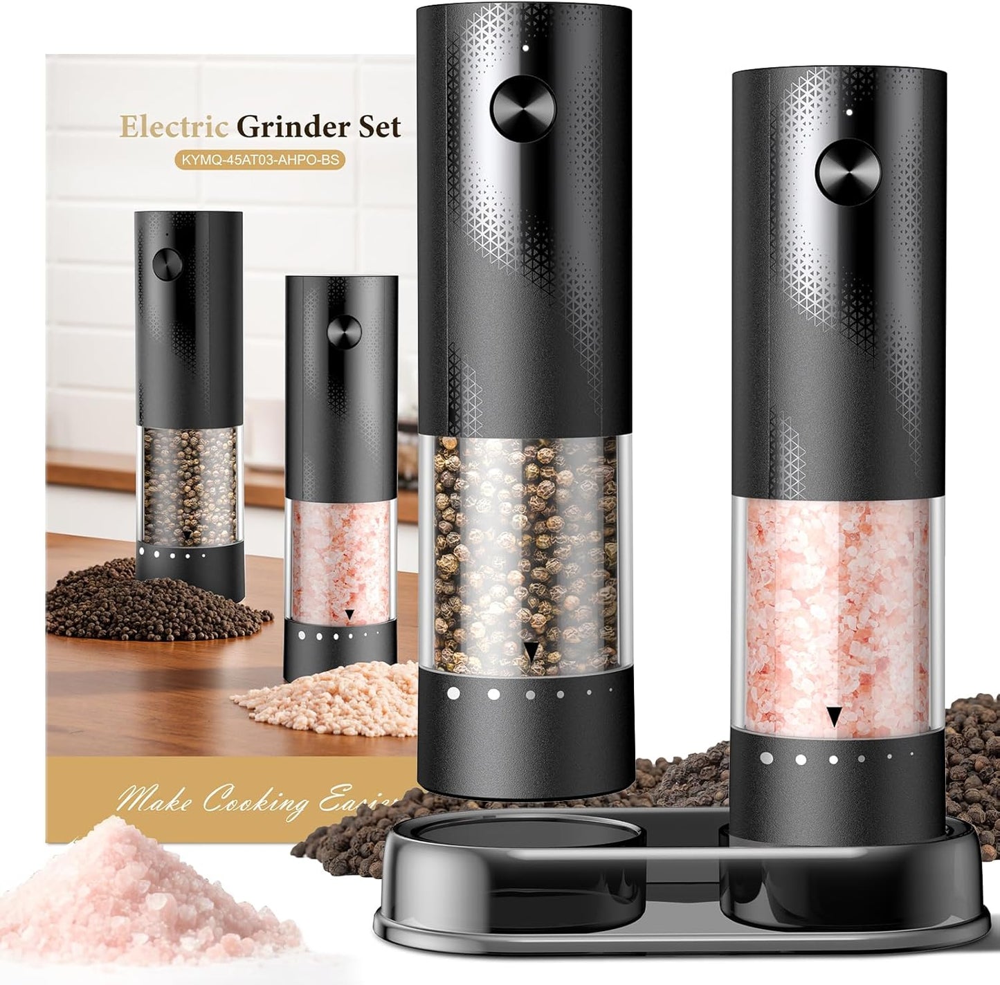 Skiennix Electric Salt and Pepper Grinder Set - Rechargeable Automatic Shakers with Adjustable Coarseness | 2 Pack, Black