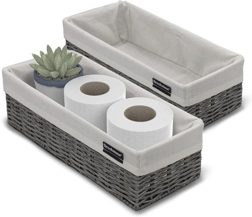 Brookstone Wicker Storage Baskets - Two Pack Set for Bathroom & Closet Organization | Grey with Fabric Liner