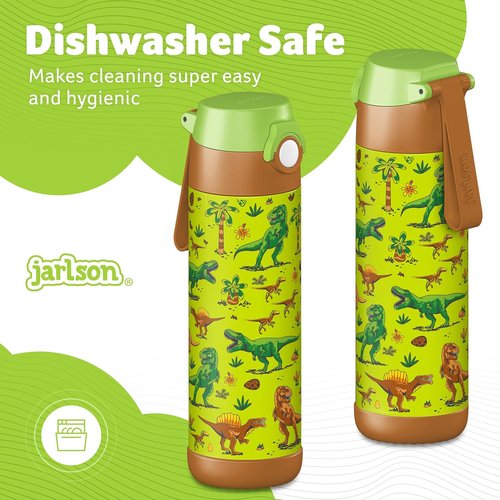 Jarlson® Kids Water Bottle MALI - Insulated 18oz Stainless Steel Thermo Bottle | Leak Proof for School & Sports (Dinosaurs)