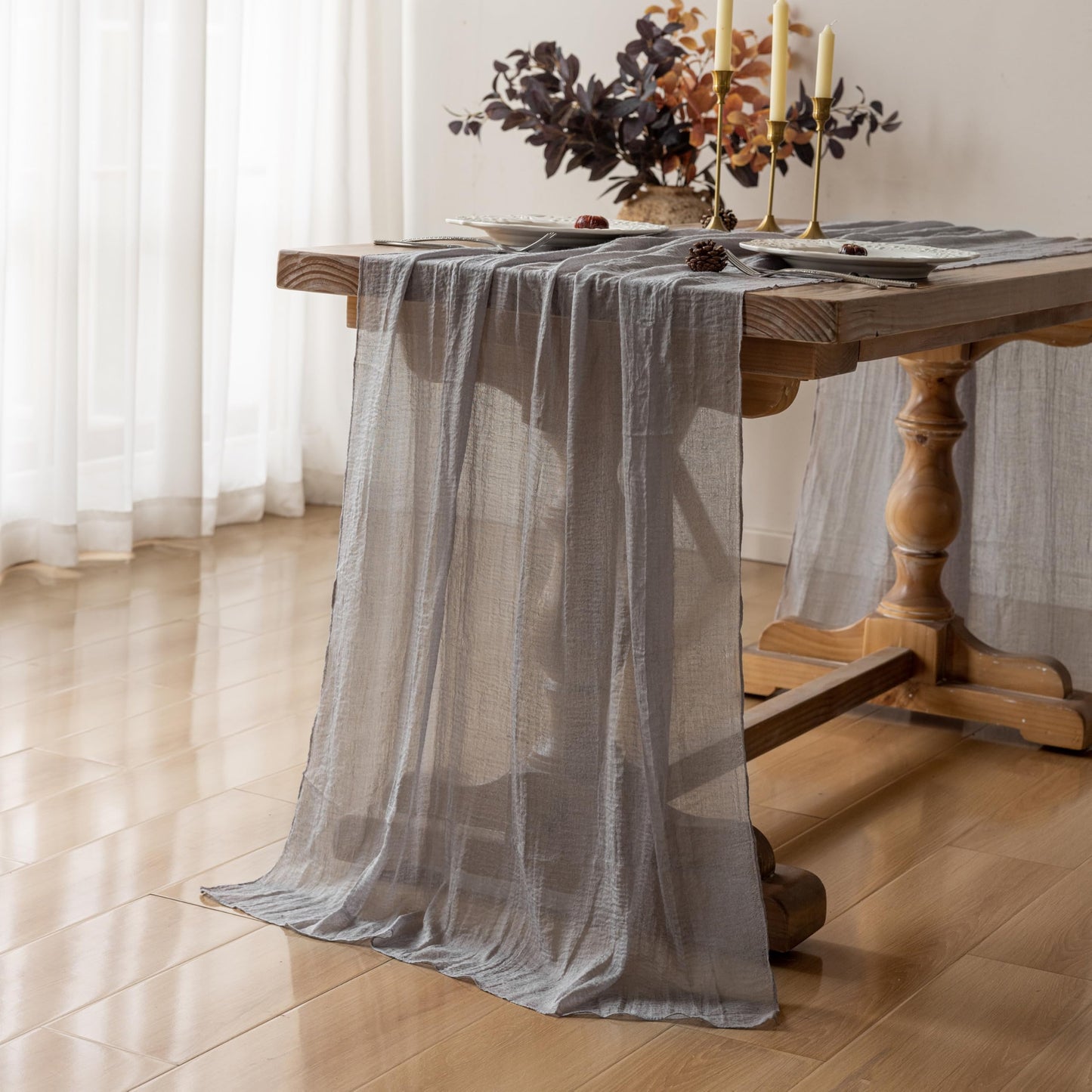 Keketoarrange 10pcs Grey Gauze Rustic Cheesecloth Table Runner 120 Inch 10 FT for Wedding Baby Shower Bridal Shower Birthday Engagement Garden Outdoor Party Long Sheer Boho Decorations