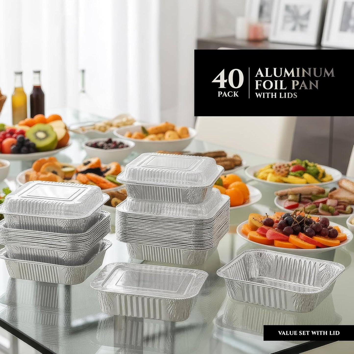 Primo Lines Aluminum Foil Disposable Pans - 40 Pack, 8" x 8", Oven-Safe & Leak-Proof Trays for Catering, Meal Prep & Baking