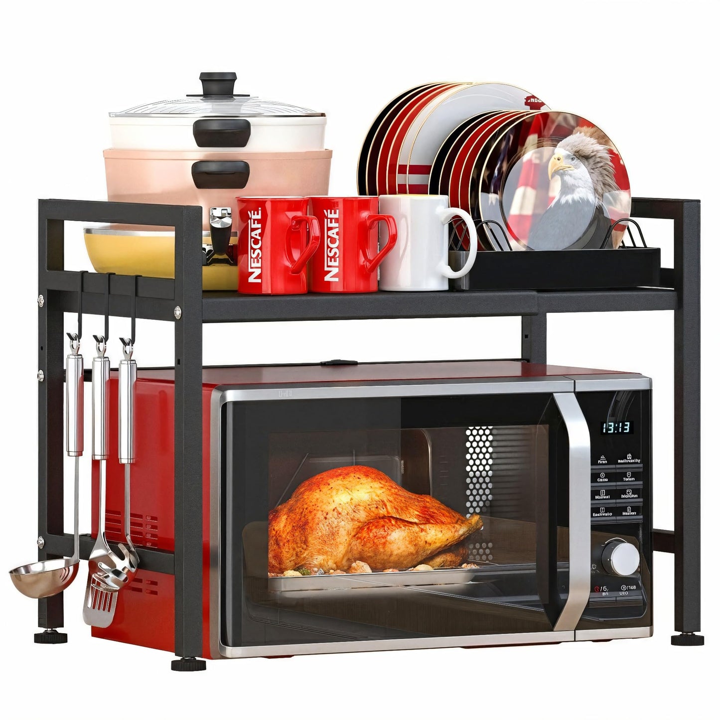 PUSDON Textured Black Microwave Oven Rack, Expandable 2-Tier Kitchen Countertop Organizer, Heavy Duty Carbon Steel Stand with 3 Hooks, Adjustable Height & Length