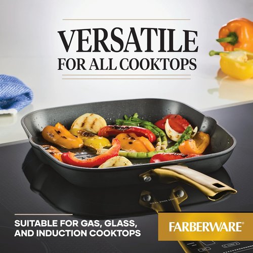 Farberware Forged Induction Ceramic Cookware - Nonstick 11-Inch Square Grill Pan | Dishwasher Safe, Black & Gold