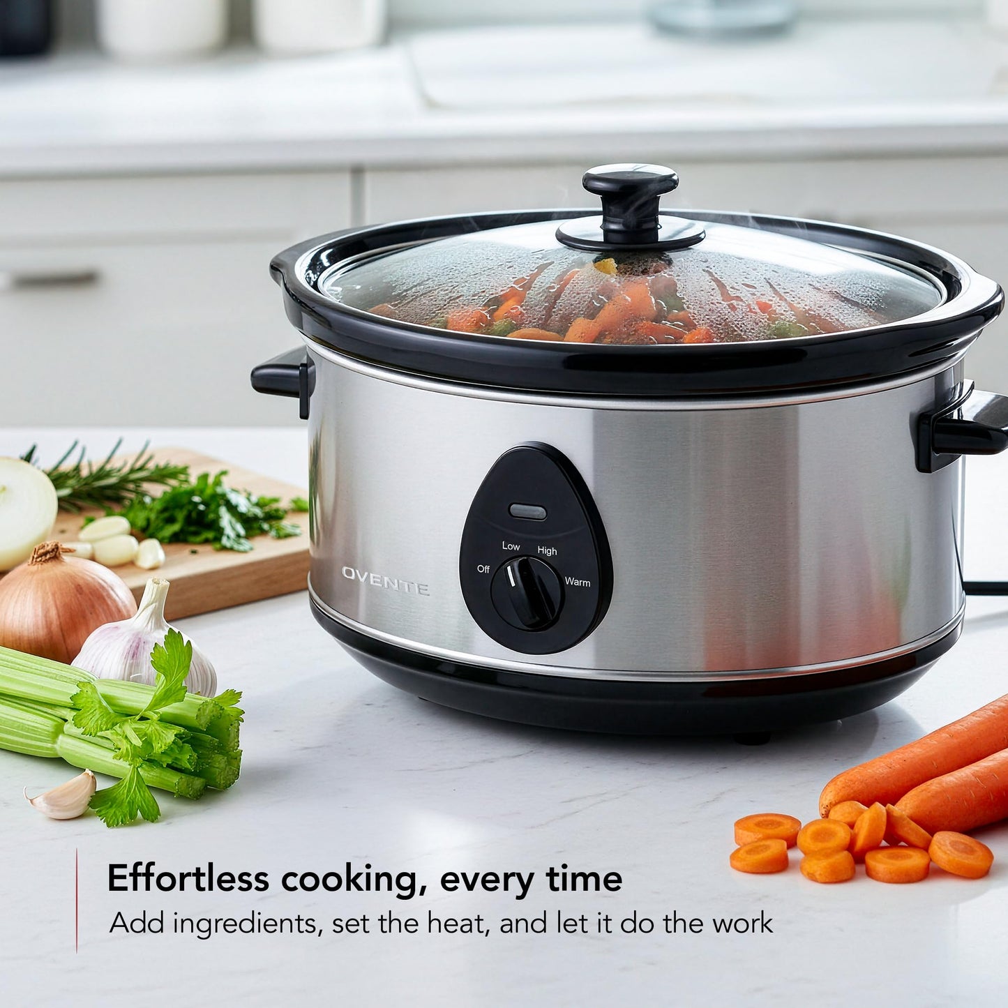 OVENTE Electric Slow Cooker with 3 Cooking Settings, Non-Stick and Dishwasher Safe Stoneware, Stainless Steel Body, Glass Lid, 3.7 Qt Oval Pot for Entrees, Soups, Sauces, Stews & Dips, Silver SLO35ABR