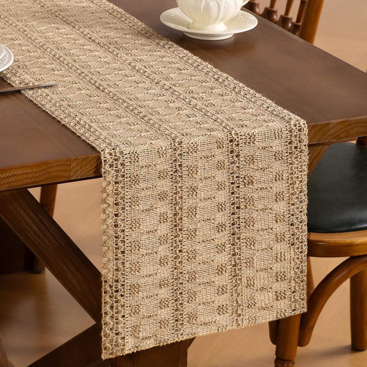 Santaben Burlap Brown Spring Boho Macrame Table Runner Rustic Farmhouse Woven Cotton Linen Burlap Table Runners for Dining & Bedroom Home Decor 11x58 Inches