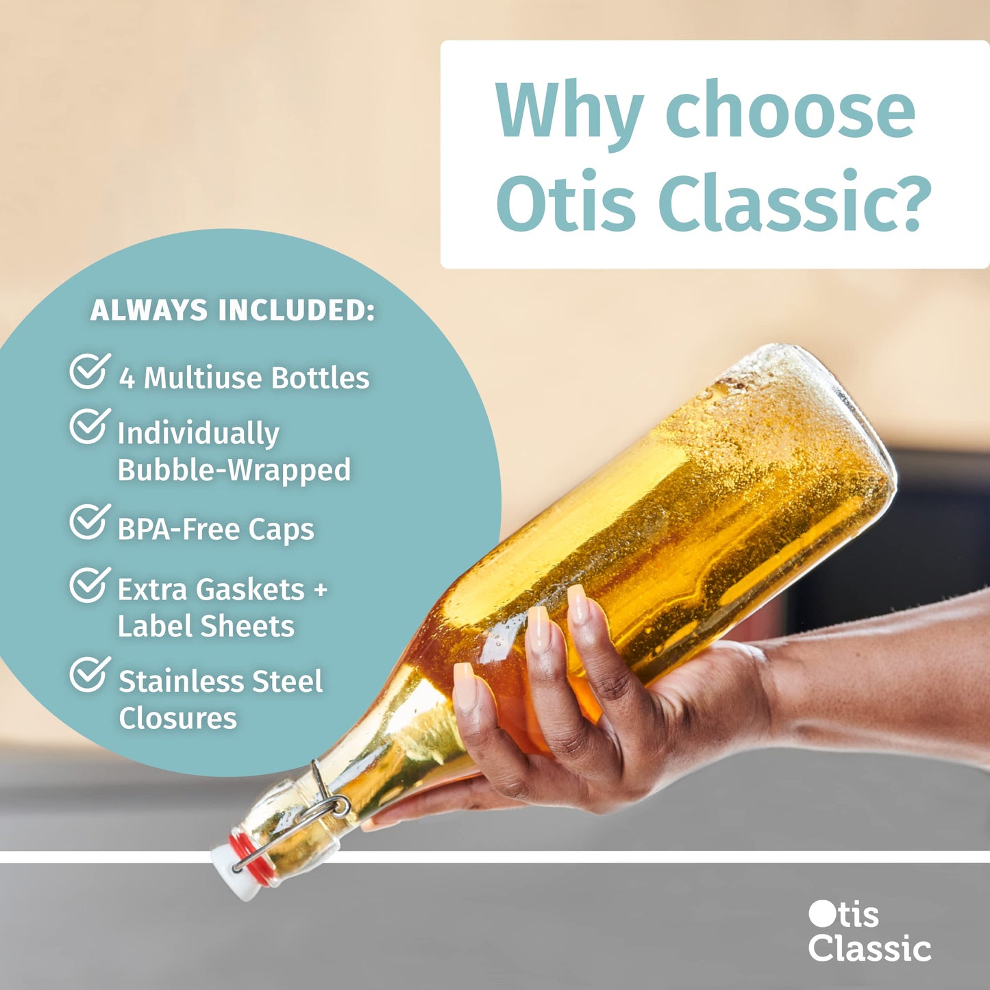 Otis Swing Top Glass Bottles with Ceramic Caps - 1 Liter, 4 Pack - Clear Glass Bottle for Kombucha Fermenting, Beer Brewing, Juicing, Wine, Milk or Eggnog