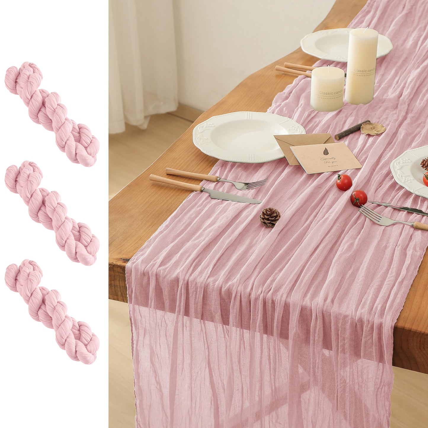 Leetaltree Cheesecloth Table Runner with Wrinkle Texture - 35x120 Inch 10 FT Crinkled Gauze Table Runner for Wedding, Party & Home Decor - Elegant Scarf Table Runner (Pink, 3 Pack)