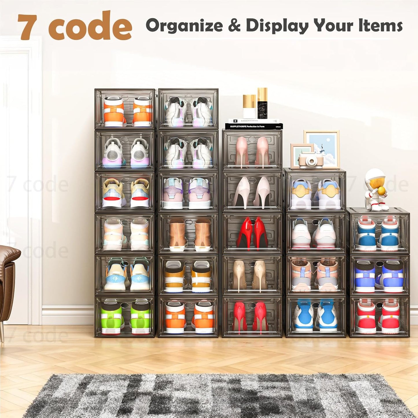 Skiennix Clear Shoe Storage Organizer - Thicken & Sturdy Stackable Boxes | 6 Pack, Black with Magnetic Door