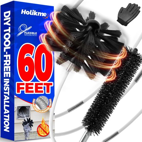 Holikme 60 Feet Dryer Vent Cleaner Kit - Flexible Lint Remover Brush with Drill Attachment & 2 Synthetic Heads