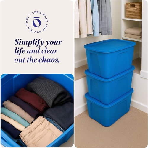 HOMZ 10 Gallon Durable Molded Bin - Stackable Plastic Storage Containers with Lids, Blue | 4-Pack for Home Organization