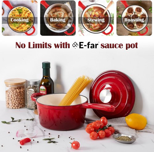 E-far Enameled Cast Iron Saucepan Set - 1Qt & 2Qt Heavy Duty Pots with Self-Basting Lids | Induction-Ready, Easy Clean, Red