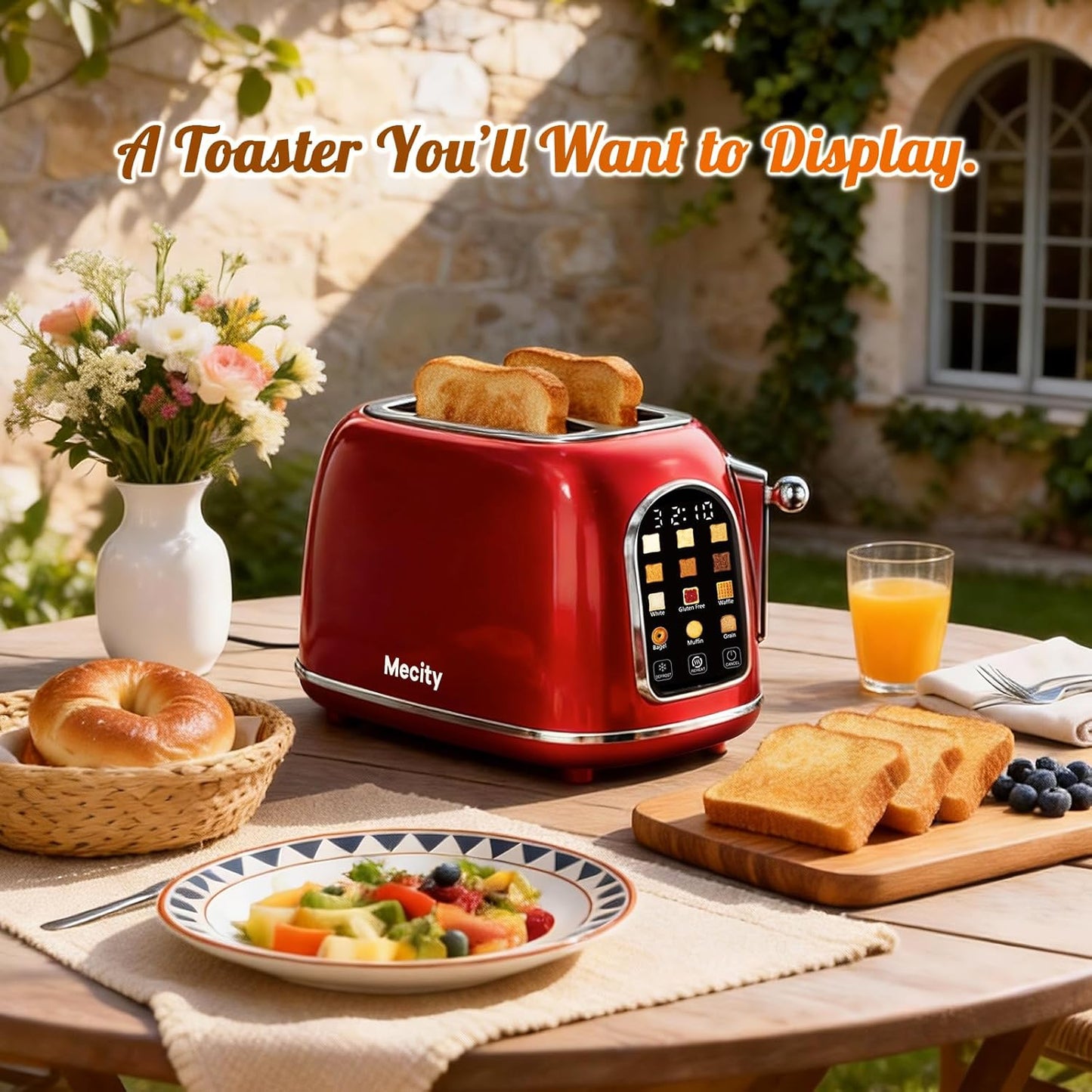 Mecity Toaster - 2 Slice Retro Touch Screen Toaster for Bread, Bagels & Muffins | Red Pearl, 120V 825W