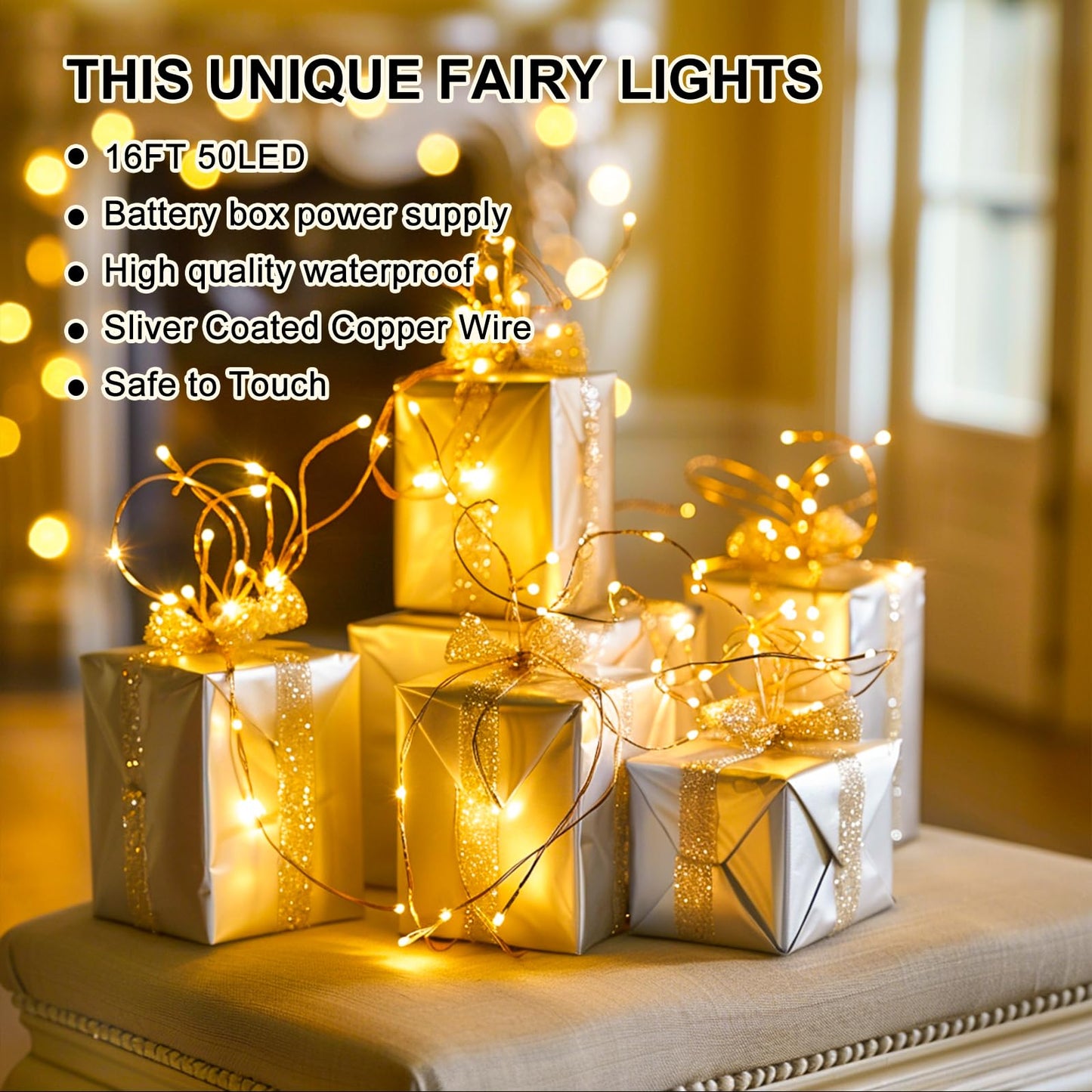 SINAMER Fairy Lights Battery Operated, 8 Modes & Auto Timer, Warm White 16FT 50Led Mini Twinkle Silver Wire Mason Jar Lights, Waterproof Starry Firefly for Parties (1/2/4 Pack)
