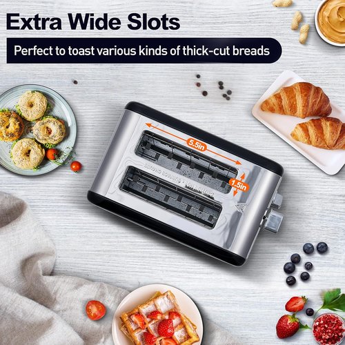 CUSIMAX Stainless Steel 2-Slice Toaster - LED Display, Extra-Wide Slots, 6 Browning Settings, Black
