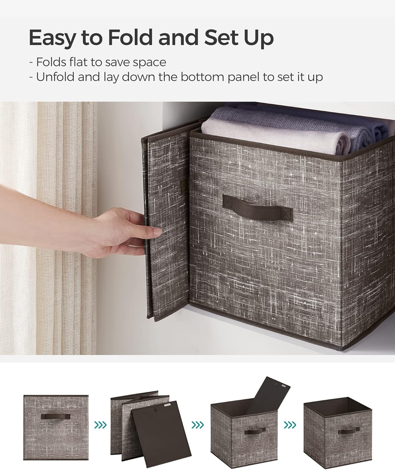 SONGMICS Storage Cubes - 13-Inch Non-Woven Fabric Bins, Foldable Closet Organizers, Set of 6, Walnut Color