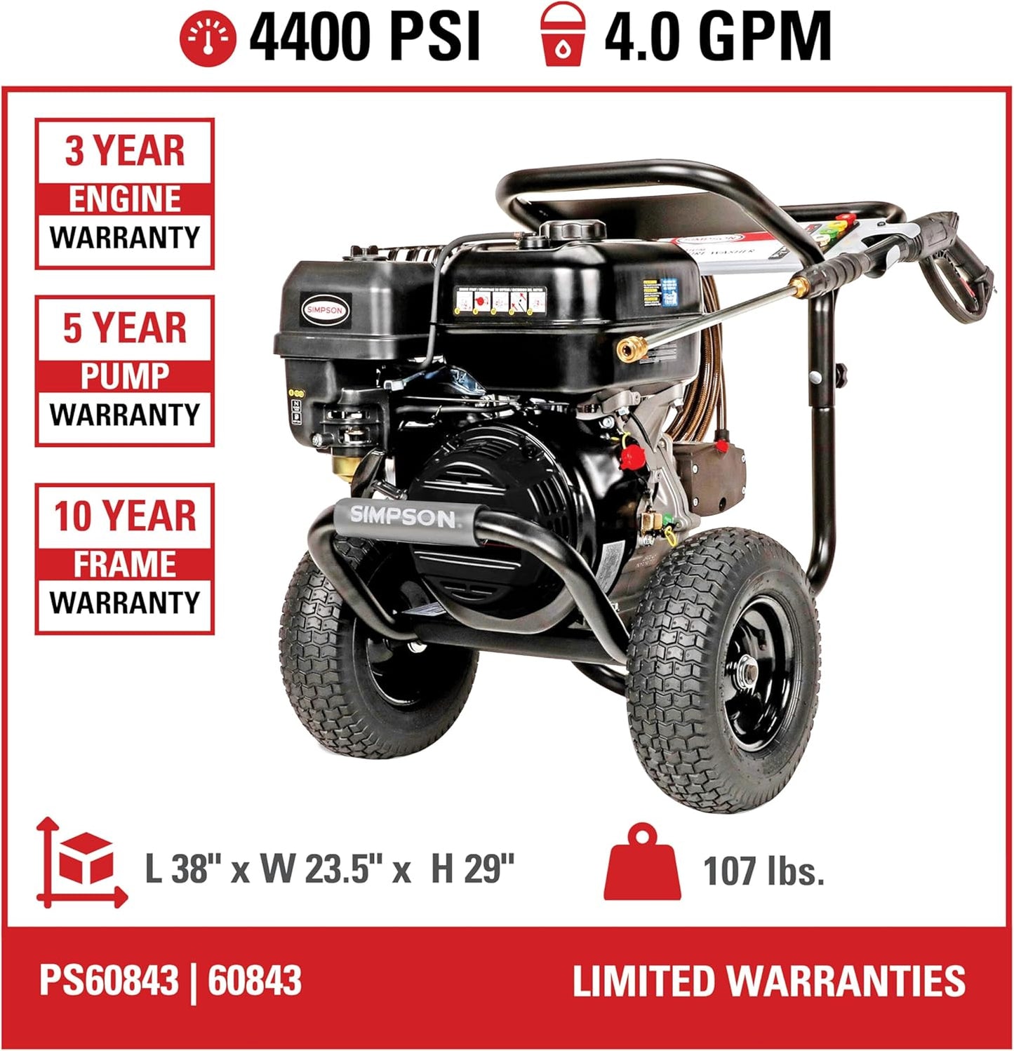 Simpson PowerShot 4400 PSI Gas Pressure Washer - 4.0 GPM Cold Water, 50' Hose, 49-State Compliant | Black