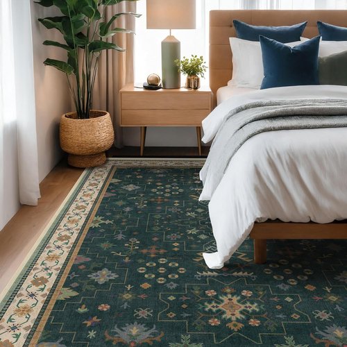 Hazo Haus Vintage Dark Green 6x9 Area Rug - Washable Floral Design for Dining & Living Rooms