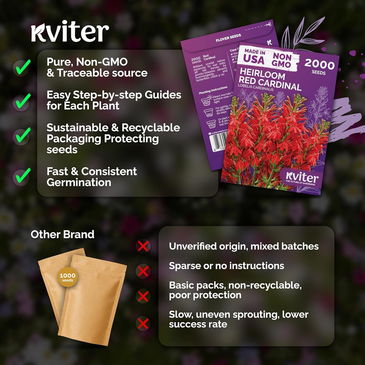 KVITER 2000 Red Cardinal Flower Seeds - Lobelia Cardinalis for Vibrant Outdoor Gardens | Perennial Seed Packets