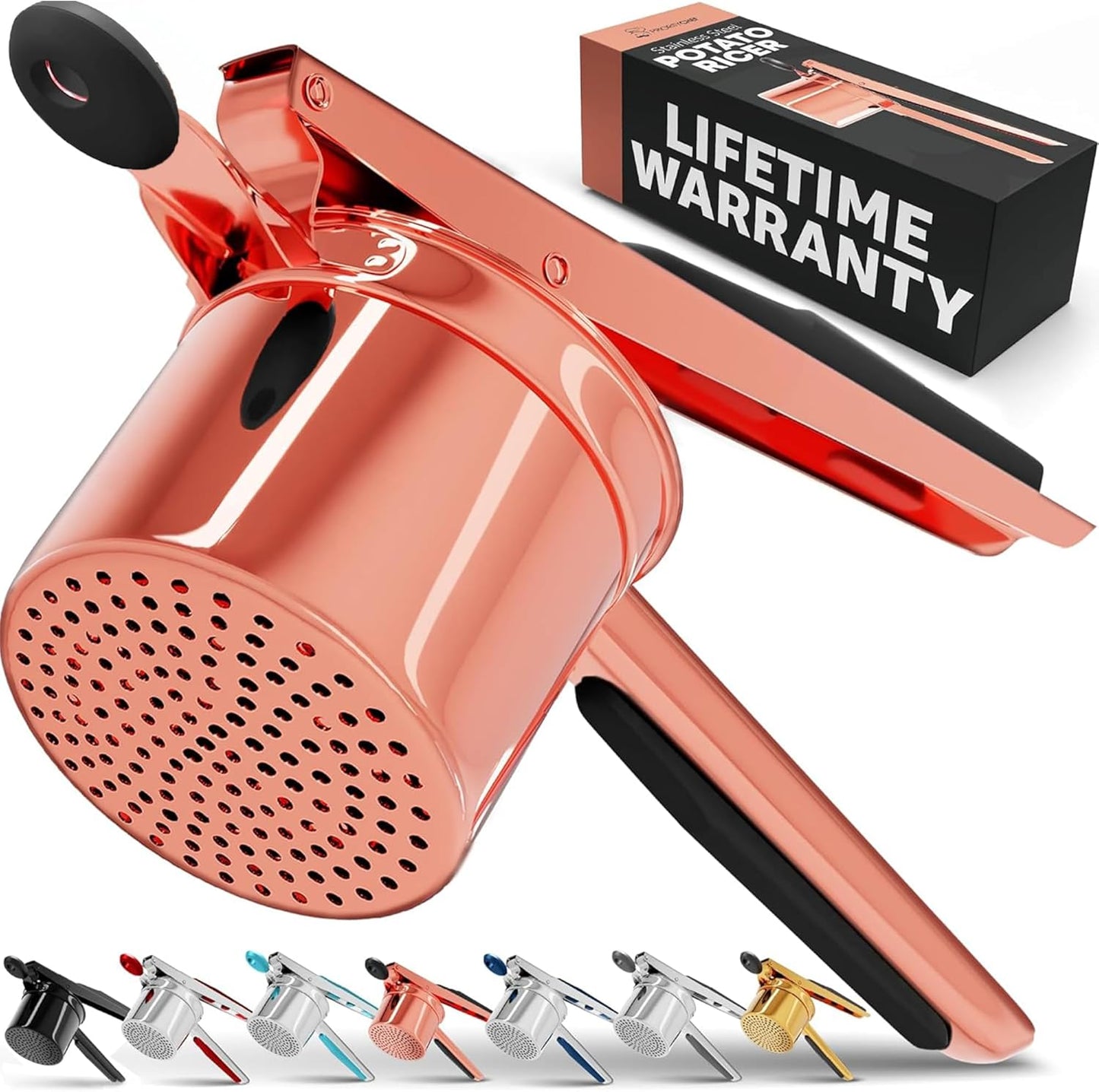 PriorityChef 15oz Potato Ricer - Heavy Duty Stainless Steel Masher for Perfect Mashed Potatoes | Rose Gold & Black