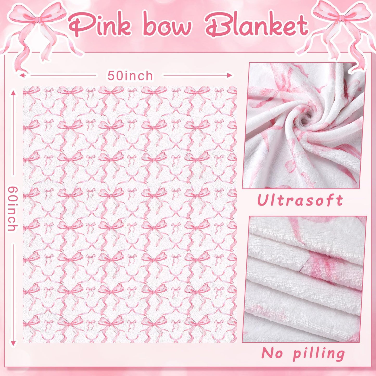 Buryeah Pink Bow Throw Blanket 50"x60" Ultra Soft Flannel Coquette Aesthetic Blanket for Girls Women Preppy Room Decor for Bed Sofa Spring Wedding Mother's Day Graduation Back to School Gift