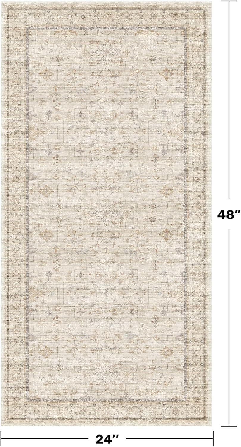 Regine Switzerland Washable Bathroom Rugs - 2x4 Beige Geometric Floral Design, Non-Slip & Stain Resistant