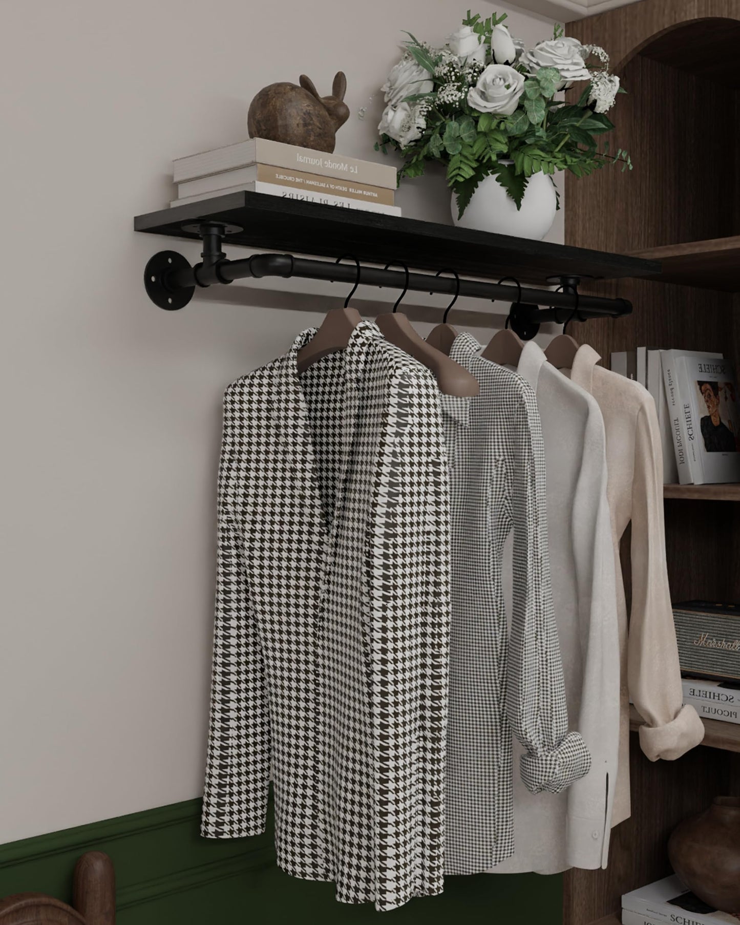 TEDIDUWA Black Clothes Rack 36in, Wall Mounted Garment Rack with Black Real Wood Shelf, Heavy Duty Hanging Clothes Rack, Multi-Purpose Hanging Rod, Space-Saving Closet Storage
