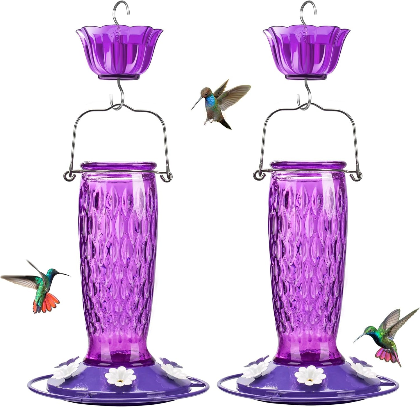 Kingsyard Glass Hummingbird Feeders - 24 oz Leak-Proof Outdoor Nectar Feeders with 6 Ports & Ant Moat - Purple (2 Pack)