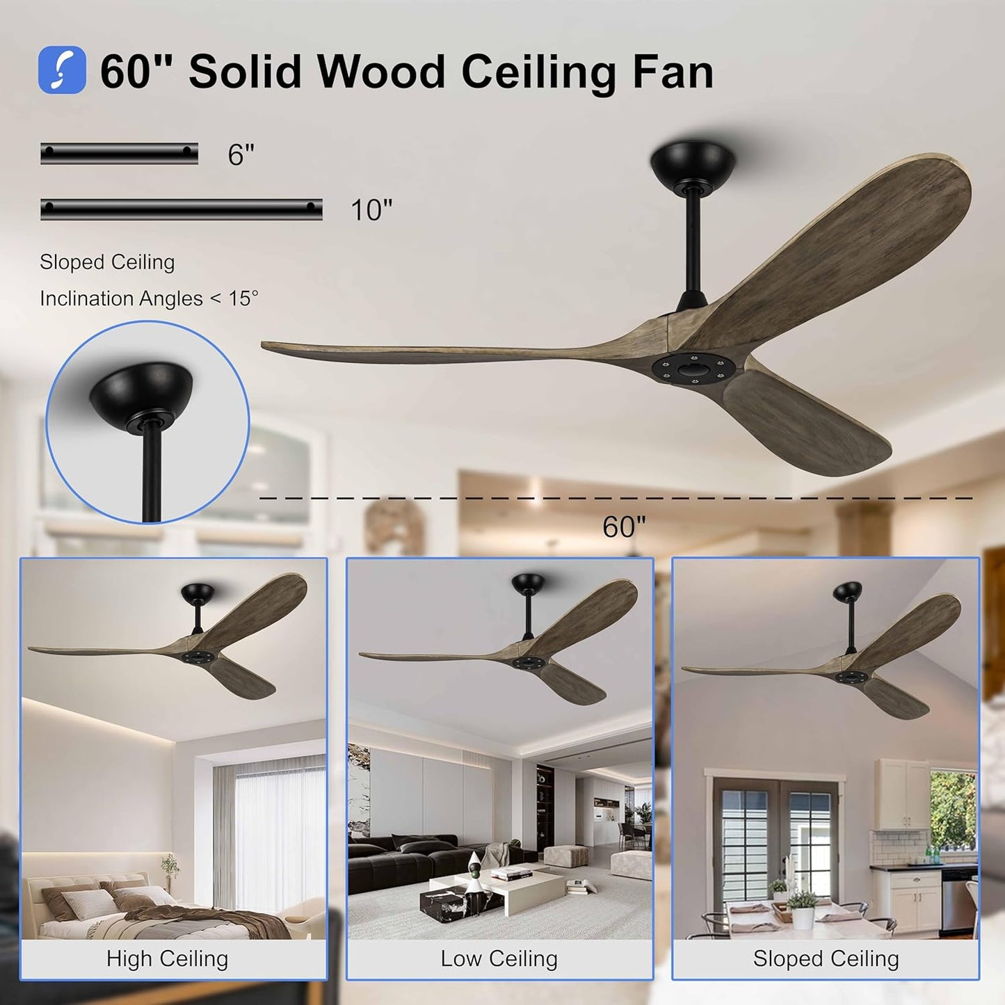 60 inch Ceiling Fans Without Lights, Wet Rated Outdoor Ceiling Fans with 3 Wood Blades, for Patios Outside Porch, Noiseless Reversible DC Motor and Remote, for Outdoor Indoor,Black