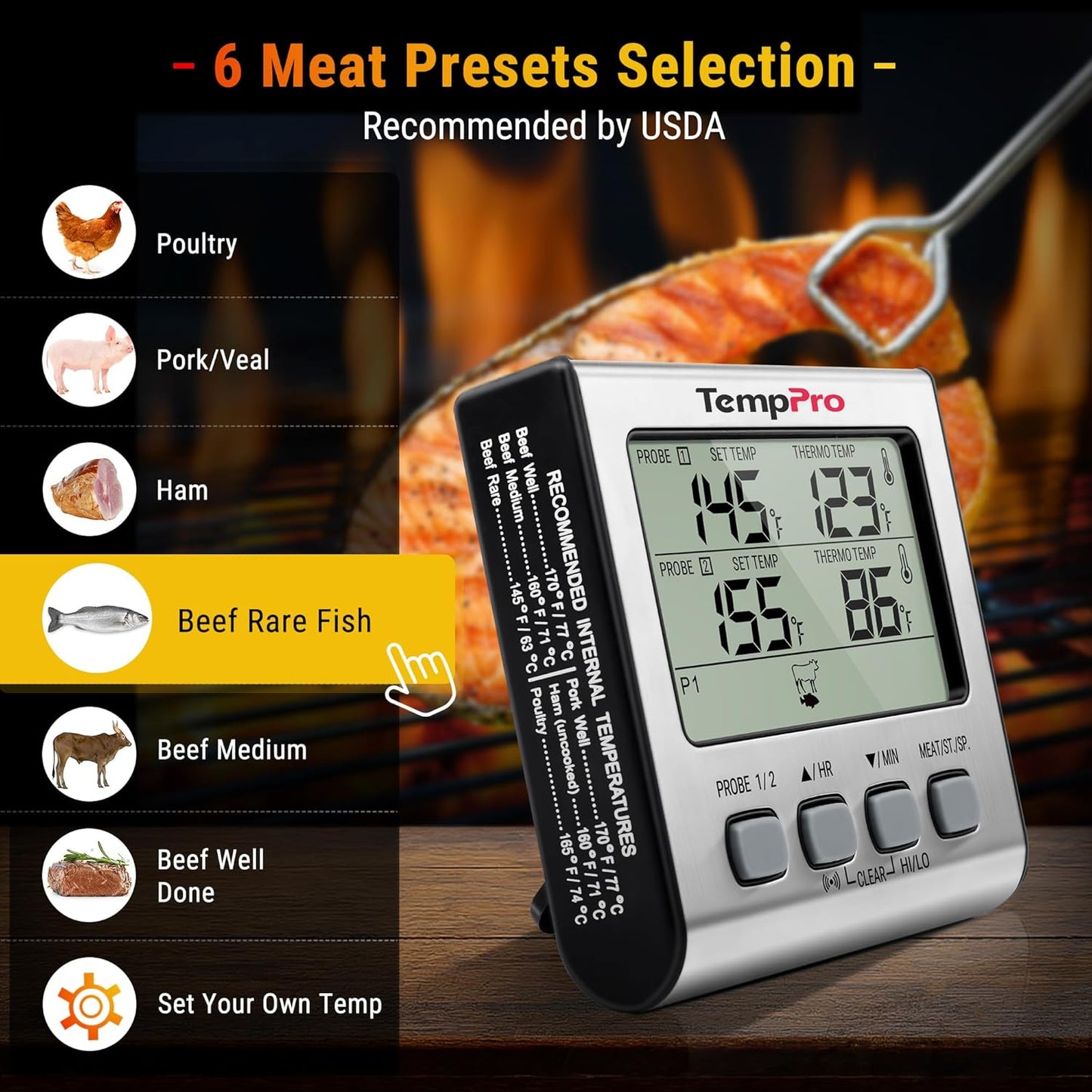 TempPro TP17 Dual Probe Digital Meat Thermometer - Large LCD Backlight & Timer Mode for BBQ, Silver