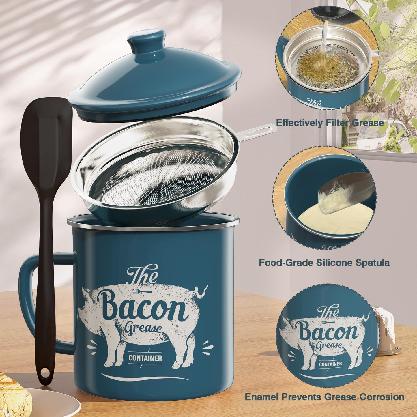 Bacon Grease Container With Strainer, 46OZ Large Enamel Grease Container, With Silicone Spatula, Farmhouse Bacon Grease Keeper, Cooking Oil Container For Kitchen Fat Storage, Dishwasher Safe-Blue