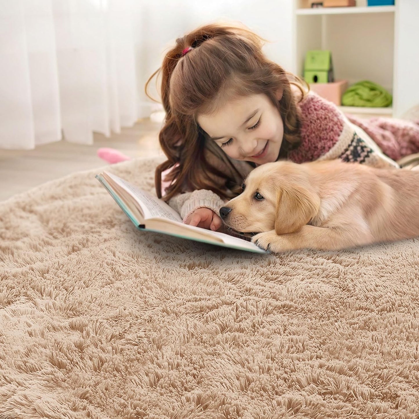 OLANLY Round Beige Area Rug - Soft, Fluffy, Machine Washable 9 ft Circle Carpet for Bedrooms & Living Rooms