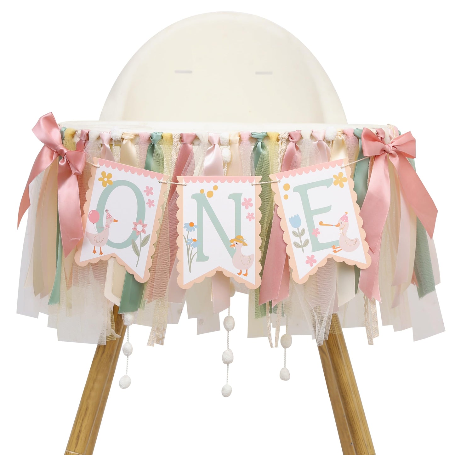 One Happy Goose High Chair Banner - Sweet 1st Birthday Party Decorations,Colorful Highchair Garland with Bow Ribbon,Little Goose First Birthday Banner Photo Props,Fun Geese Lawn Party Supplies