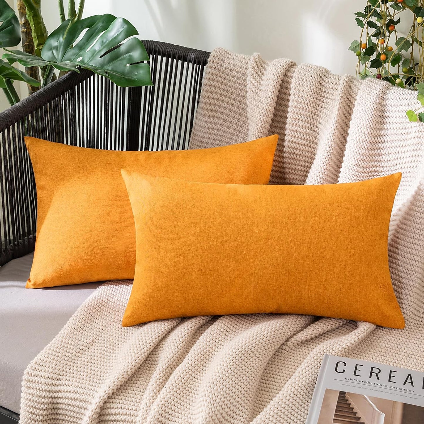 MIULEE Decorative Outdoor Throw Pillow Covers - Waterproof Faux Linen Cushion Cases | 20x12 Inch, Pumpkin Orange (Pack of 2)