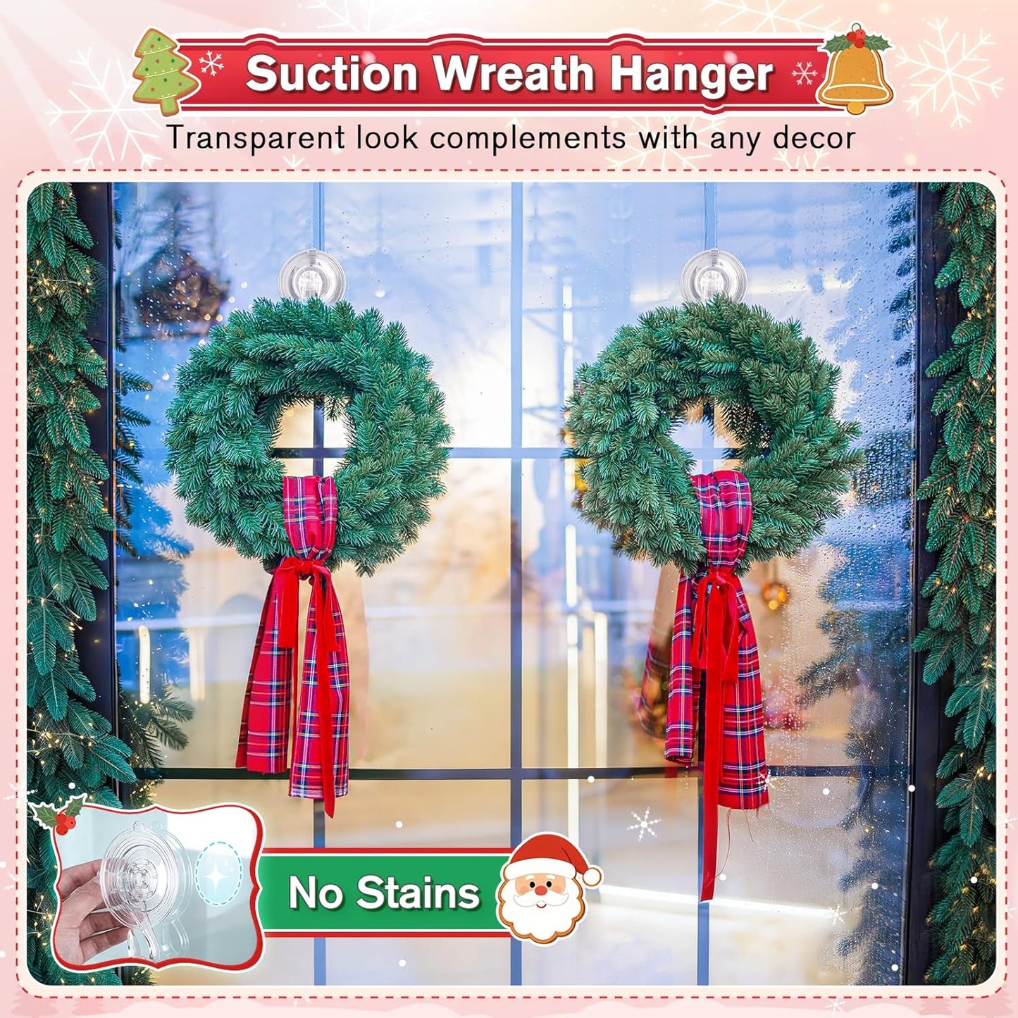 VIS'V Wreath Hanger - Heavy Duty Suction Cup Hooks, 22 LB Capacity, Clear, 2 Pack, Removable & Reusable