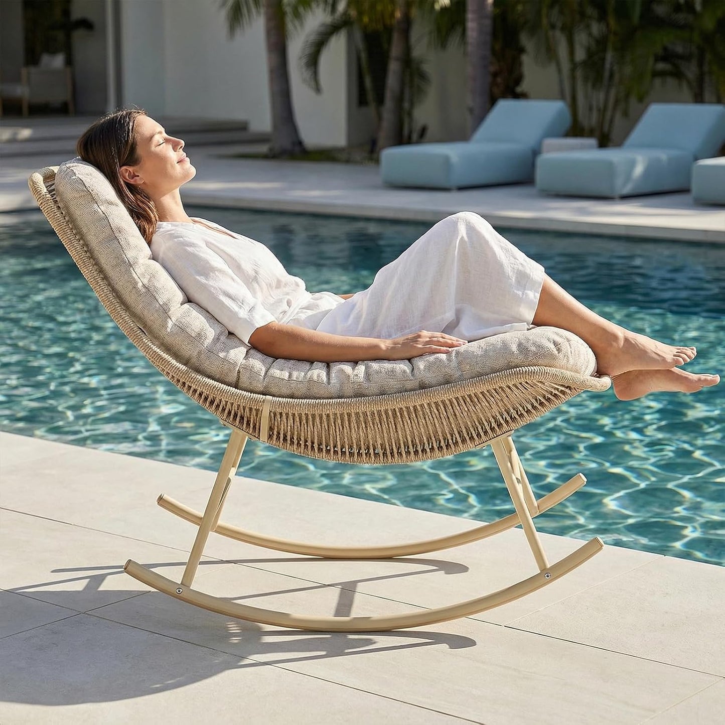 SWITTE Outdoor Rattan Rocking Papasan Chair - Handwoven Wicker with Cushion | Indoor Patio Lounge Chair - Cream