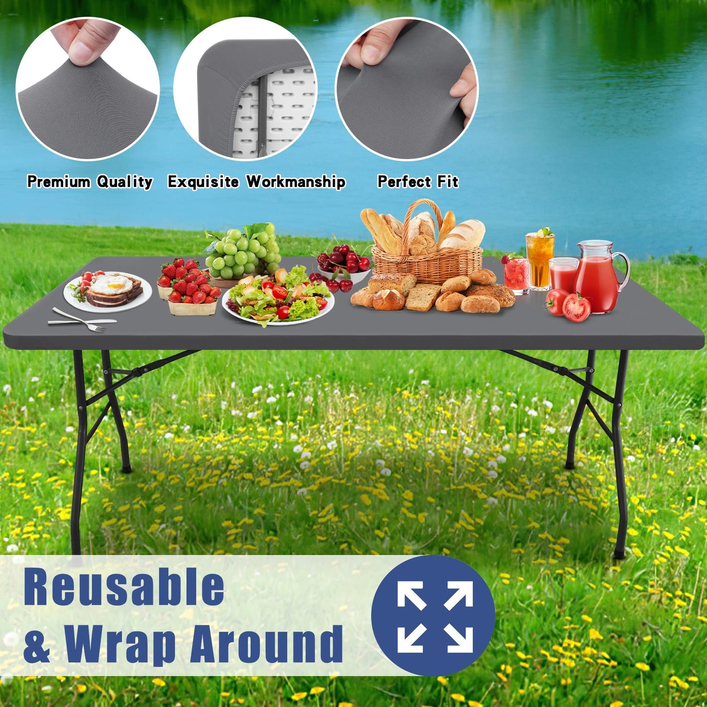 Moosfor Spandex 6 Foot Rectangle Table Cloth 2 Pack, Elastic Fitted Tablecloths for Picnic, Stretch Washable Patio Table Cover for Outdoor, Camping, Banquet and Parties (Grey, 30"x72")
