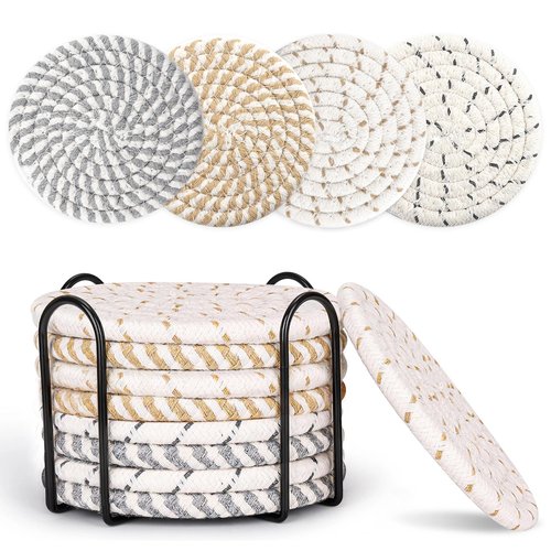 Farmhouse Coasters Set of 8 for Drinks, Absorbent Woven Coaster Set with Holder Cute Cloth Coasters for Home Decor Coffee Table Office Desk, Handmade Boho Decor Tabletop Protection
