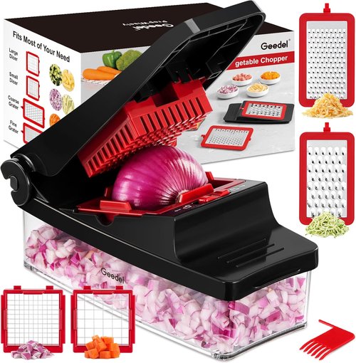 Geedel Vegetable Chopper - 4-in-1 Onion & Veggie Slicer Dicer with Container | Red Color