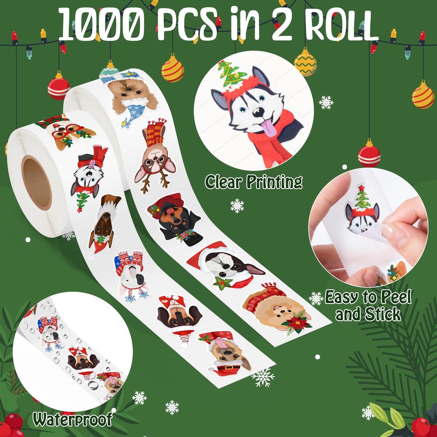 BkeeCten Christmas Dog Head Stickers - 1000 Pcs Xmas Winter Wonderland Dog Waterproof Vinyl Reusable Laptop Stickers Coloring Book Scrapbook Water Bottle Page Activity Pad Party Favors Kids Skateboard