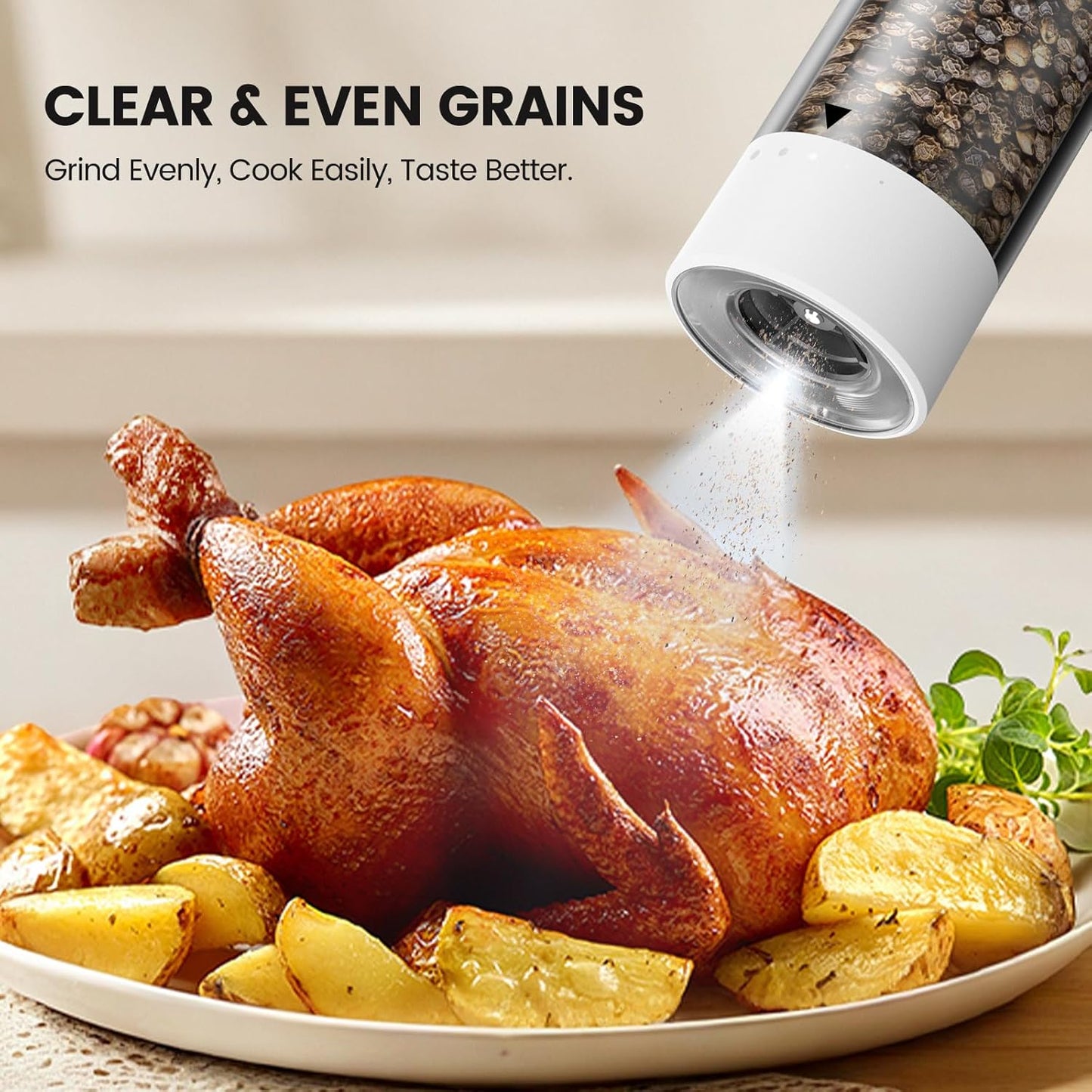 Skiennix Electric Salt and Pepper Grinder Set - Rechargeable Automatic Shakers with Adjustable Coarseness | 2-Pack White