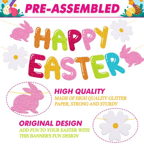 Easter Party Decoration Set Happy Easter Banner with 17 Pcs Hanging Swirl Decor Hello Spring Garland Eggs Hunting Bunnies Flowers Goodies Chocolate Jesus theme Party Supplies